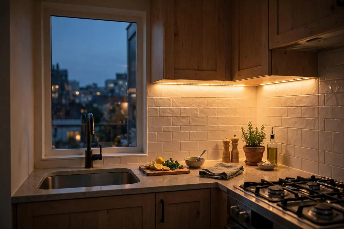 25 Small Kitchen Ideas You'll Wish You Knew Sooner 13 Small kitchen glowing with warm under-cabinet lighting at dusk