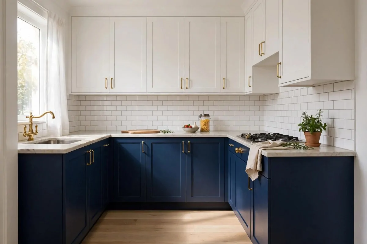 25 Small Kitchen Ideas You'll Wish You Knew Sooner 14 Small kitchen with deep blue lower cabinets and white upper cabinets