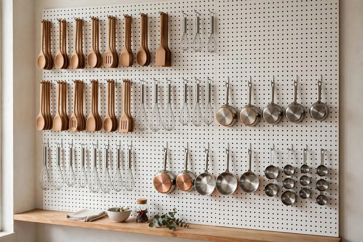 25 Small Kitchen Ideas You'll Wish You Knew Sooner 16 Kitchen pegboard wall with hanging utensils and small pots