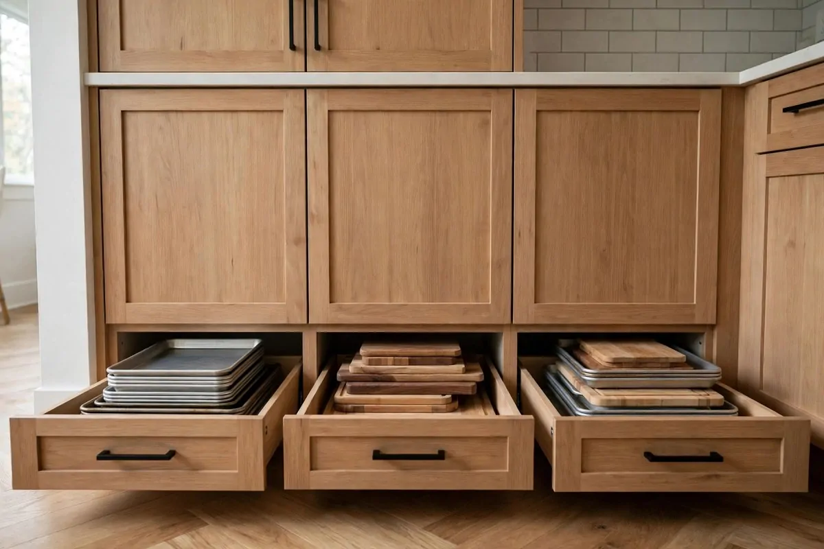 25 Small Kitchen Ideas You'll Wish You Knew Sooner 17 Low plinth drawers open under kitchen cabinets showing baking trays