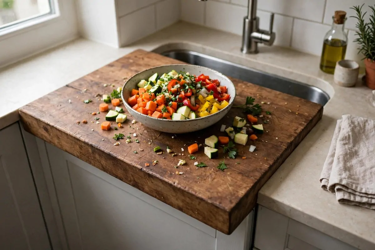 25 Small Kitchen Ideas You'll Wish You Knew Sooner 18 Wooden cutting board fitted over a kitchen sink creating extra counter space