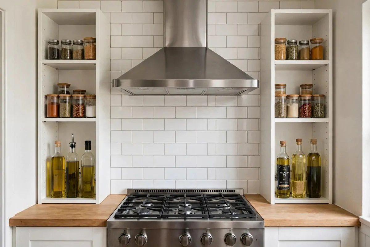 25 Small Kitchen Ideas You'll Wish You Knew Sooner 19 Small kitchen with cabinets built around the range hood holding oils and spices