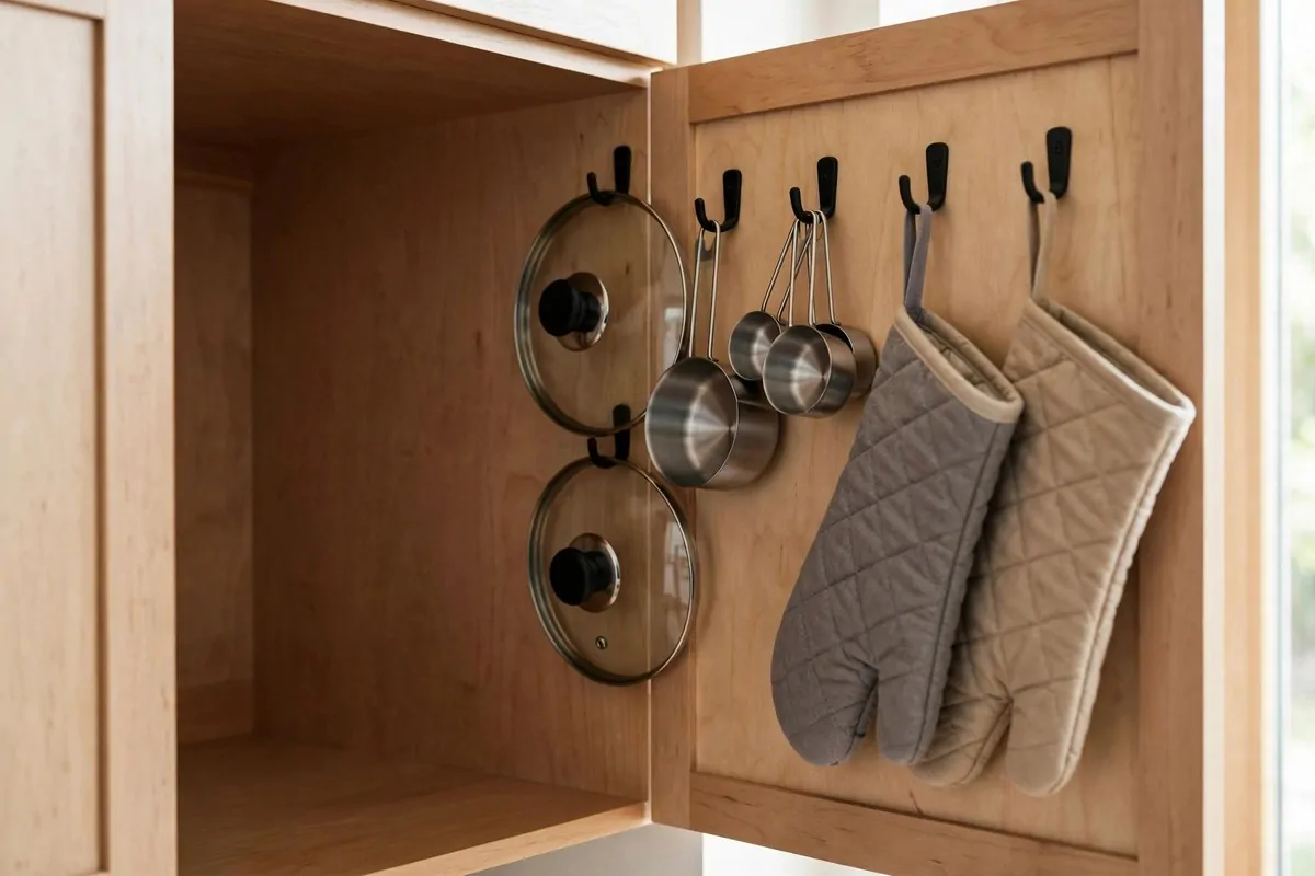 25 Small Kitchen Ideas You'll Wish You Knew Sooner 20 Inside of a kitchen cabinet door fitted with hooks holding lids and cloths