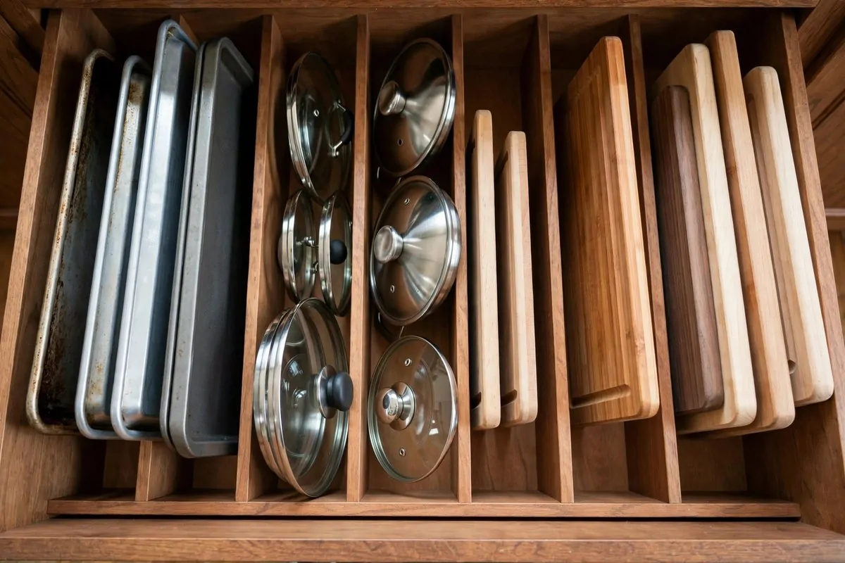 25 Small Kitchen Ideas You'll Wish You Knew Sooner 22 Deep kitchen drawer with vertical dividers holding baking trays and lids