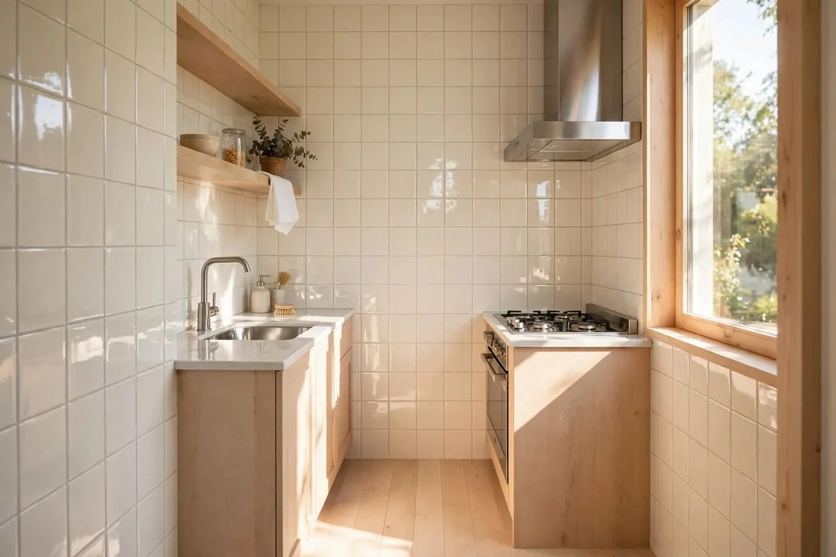 25 Small Kitchen Ideas You'll Wish You Knew Sooner 23 Small kitchen with glossy light tiles and a bright window bouncing sunlight