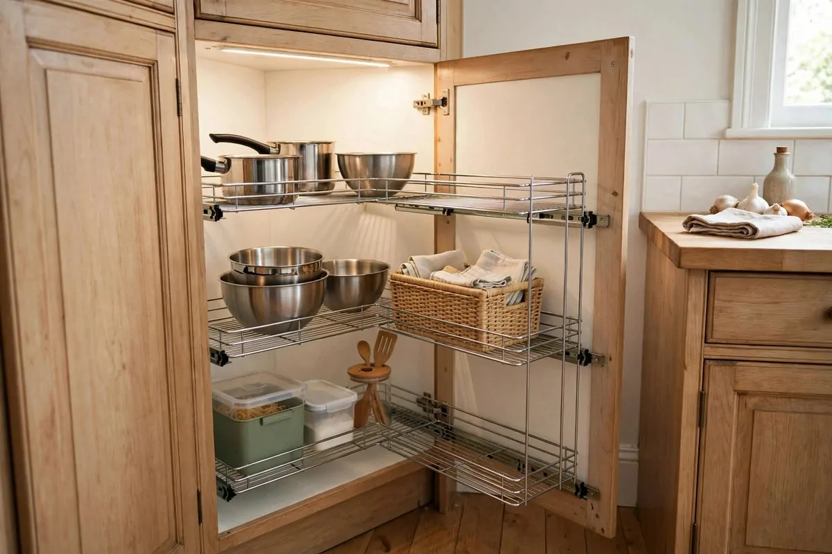 25 Small Kitchen Ideas You'll Wish You Knew Sooner 24 Corner kitchen cabinet with pull-out shelves revealing stored pots
