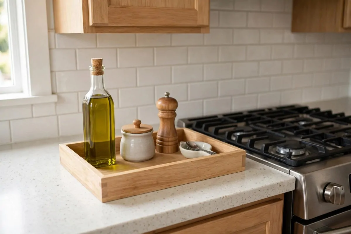25 Small Kitchen Ideas You'll Wish You Knew Sooner 25 Wooden tray on a kitchen counter holding oil bottles and small jars neatly