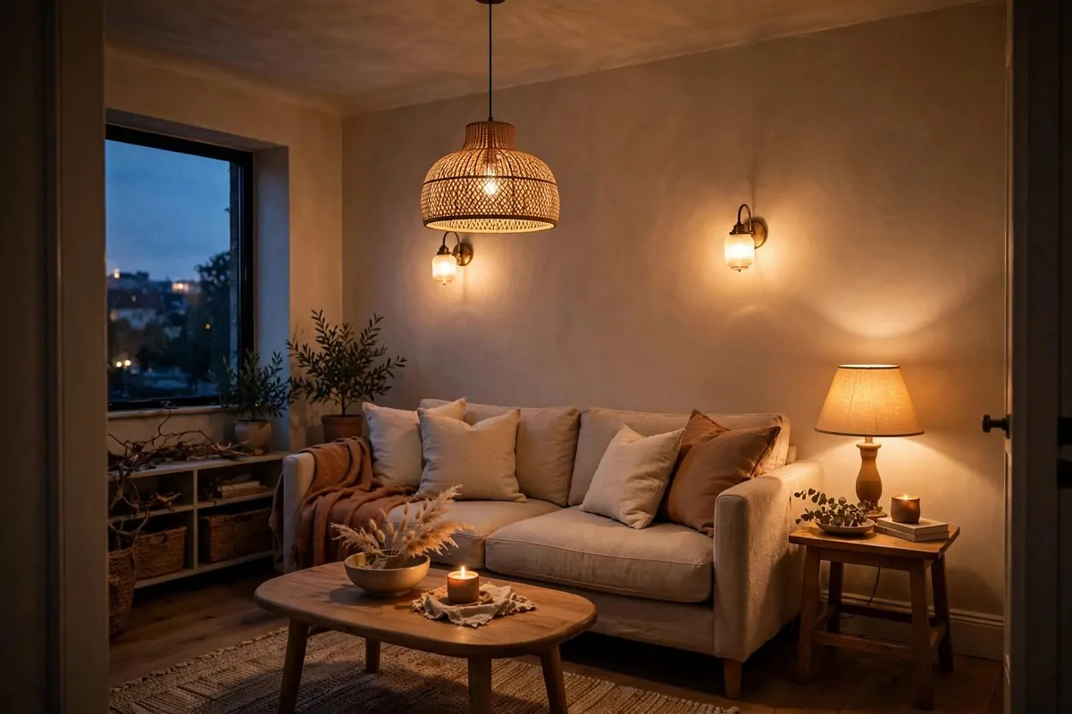 25 Tiny Spaces That Look Like a Million Bucks 1 A small living room at dusk glowing with warm light from a pendant, table lamps and wall sconces
