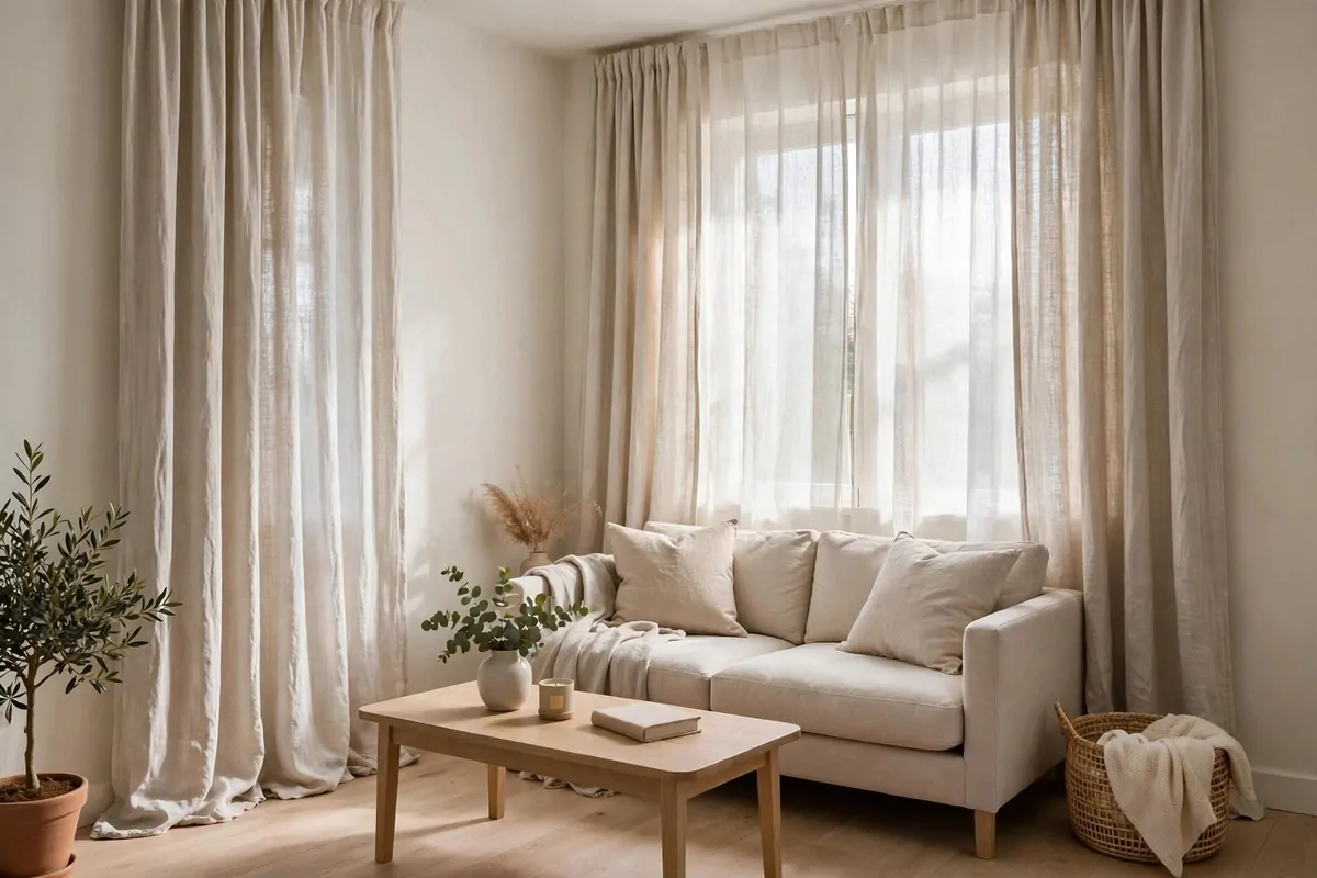 25 Tiny Spaces That Look Like a Million Bucks 2 A bright small living room with tall linen curtains hung from the ceiling to the floor