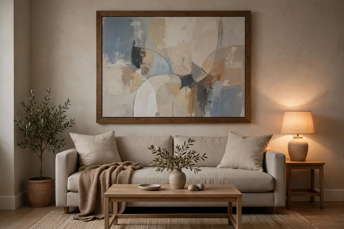 25 Tiny Spaces That Look Like a Million Bucks 3 A small living room with one oversized framed artwork hanging above a sofa