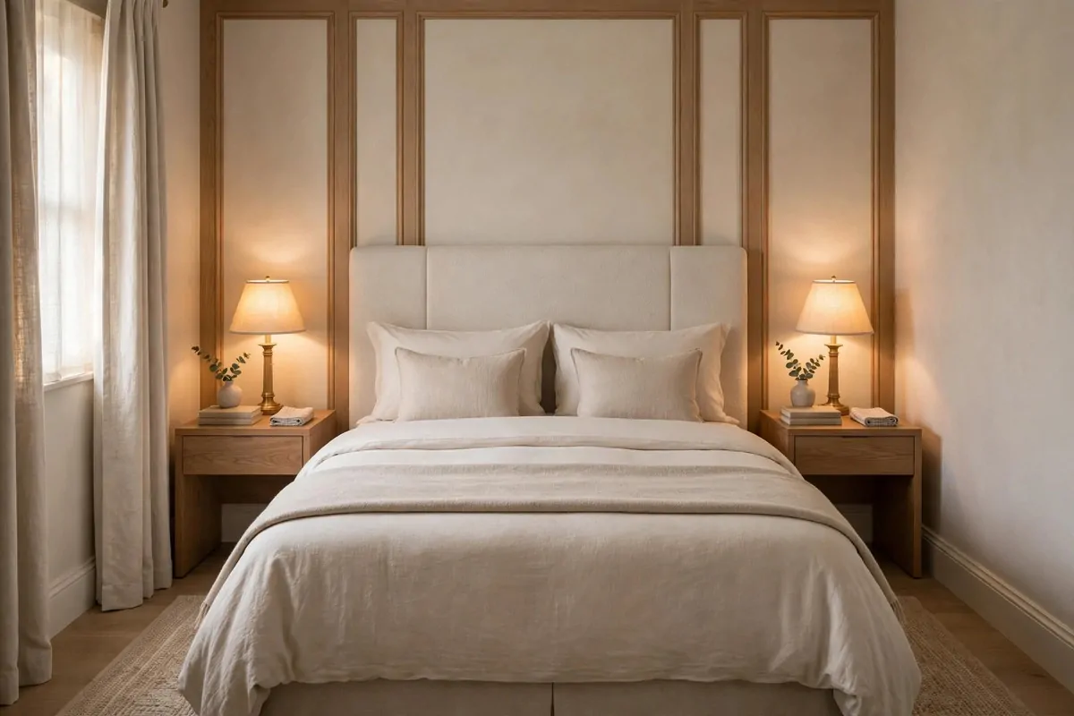 25 Tiny Spaces That Look Like a Million Bucks 4 A small bedroom with matching bedside tables and identical warm glowing lamps on each side of the bed