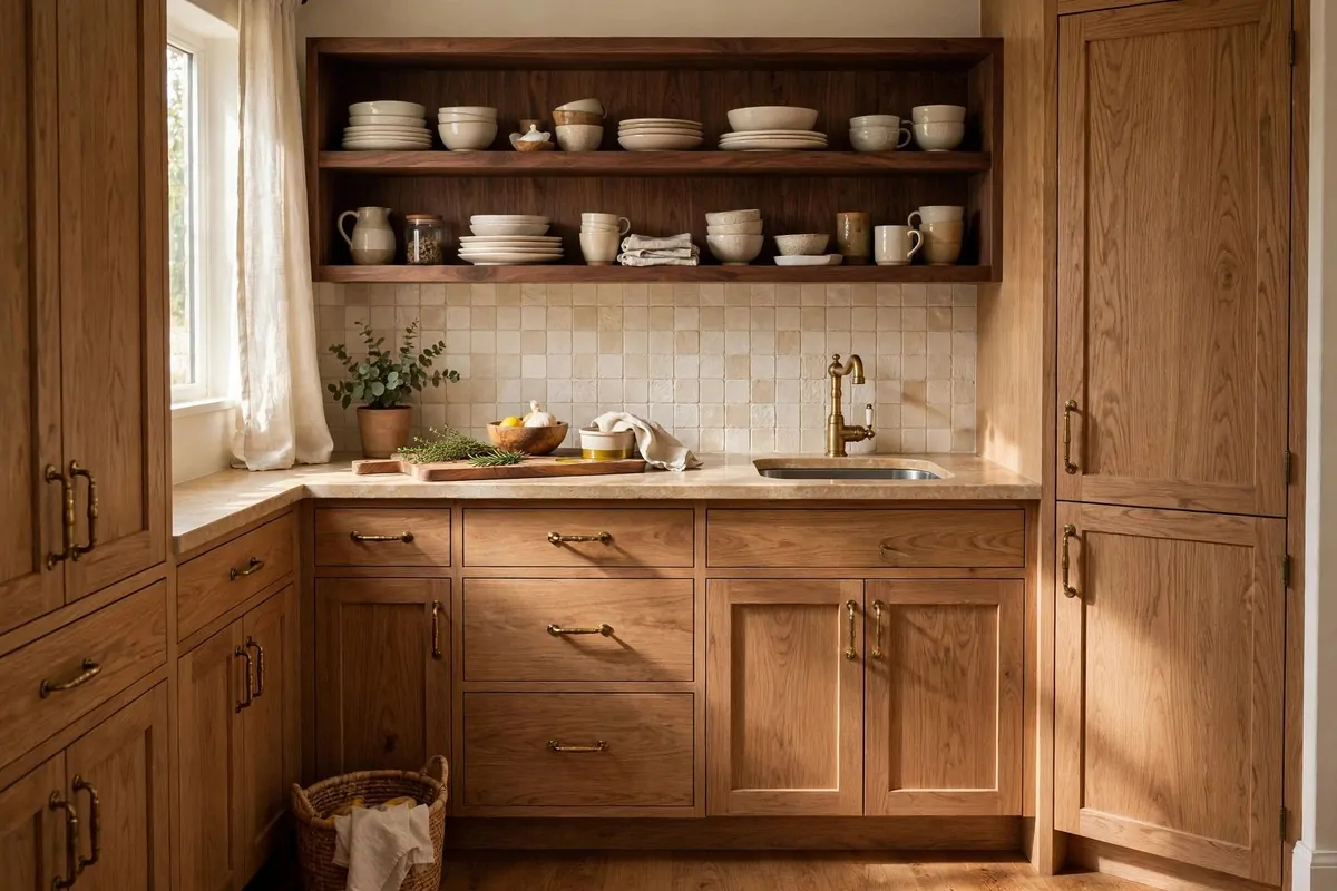 25 Tiny Spaces That Look Like a Million Bucks 5 A small kitchen with oak cabinets, a walnut shelf and warm wooden details