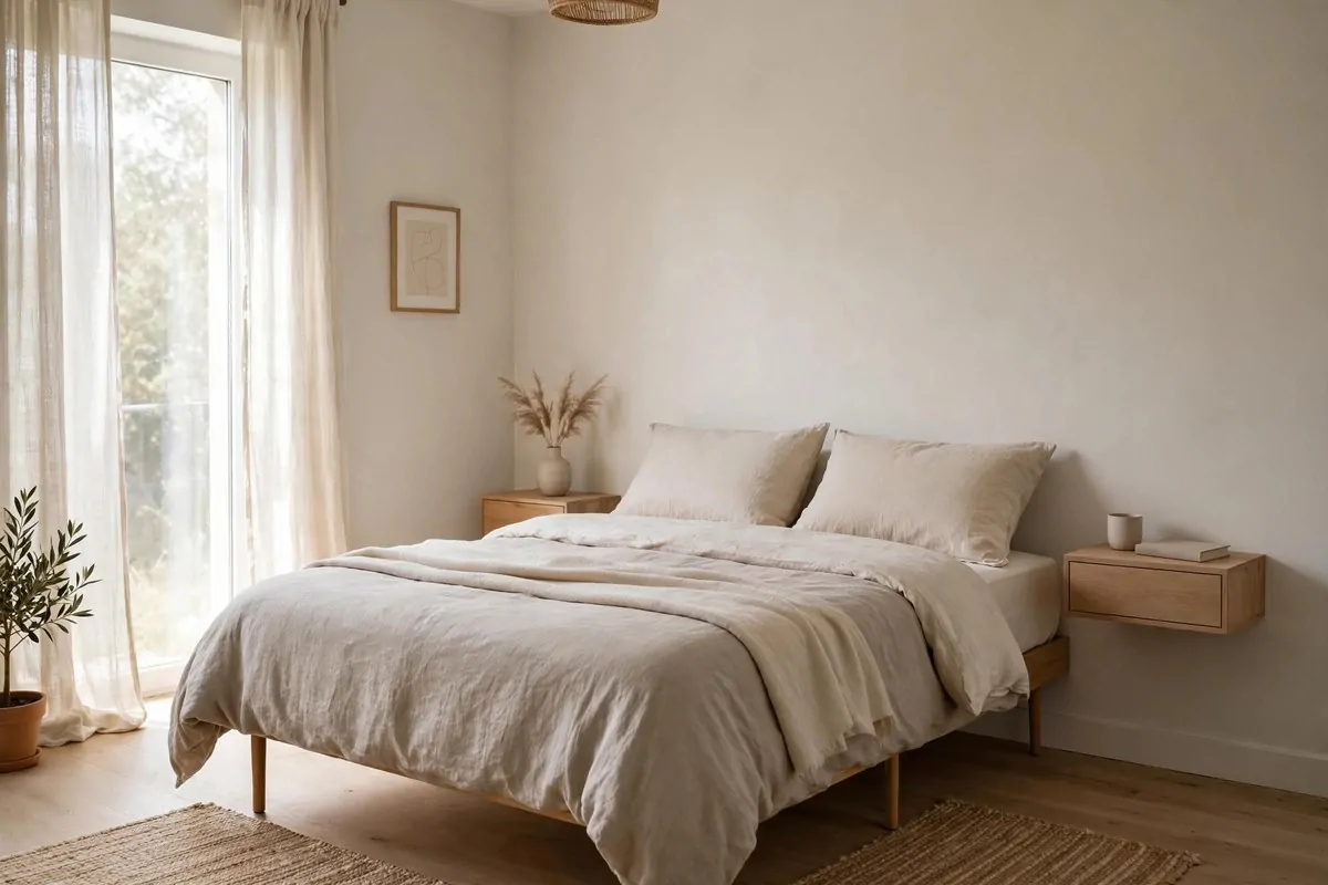 25 Tiny Spaces That Look Like a Million Bucks 6 A small bedroom with floating nightstands, a bed with exposed legs and visible floor beneath furniture