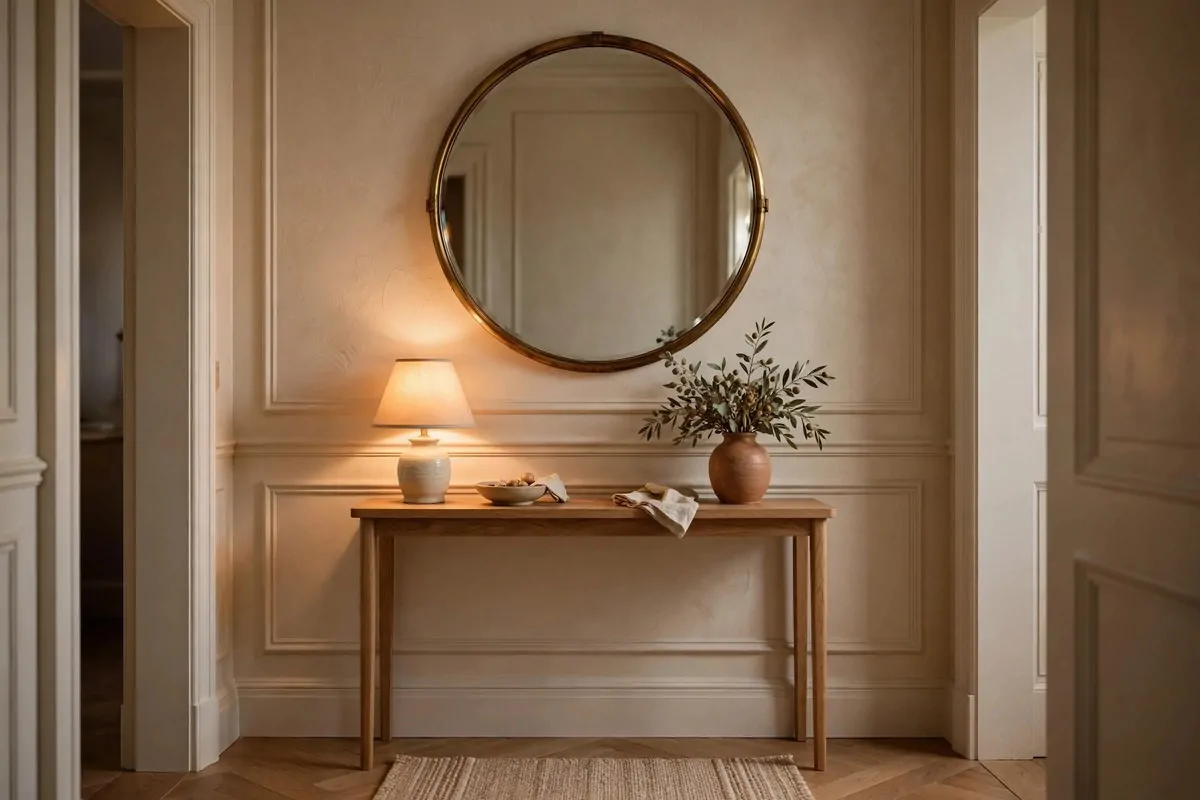 25 Tiny Spaces That Look Like a Million Bucks 7 An elegant entryway with a large round brass-framed mirror above a slim console table