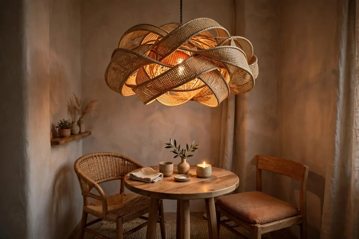 25 Tiny Spaces That Look Like a Million Bucks 8 A tiny dining nook with a sculptural pendant light hanging over a small round table