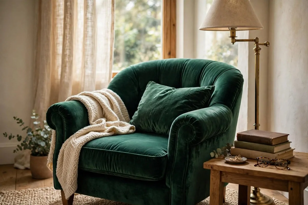 25 Tiny Spaces That Look Like a Million Bucks 9 A cosy reading corner with an emerald velvet armchair, a brass floor lamp and a small side table