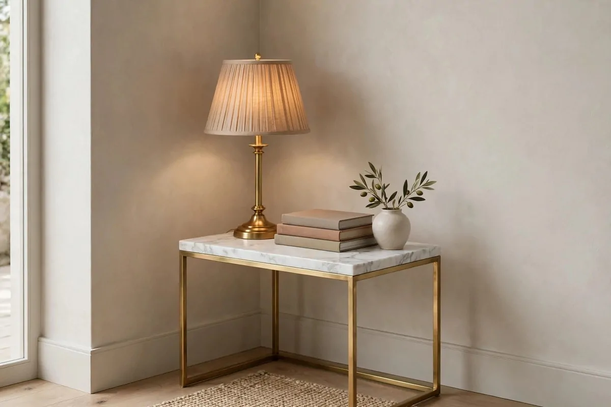 25 Tiny Spaces That Look Like a Million Bucks 10 A small styled corner with a marble-top side table, a brass lamp and a small stack of books