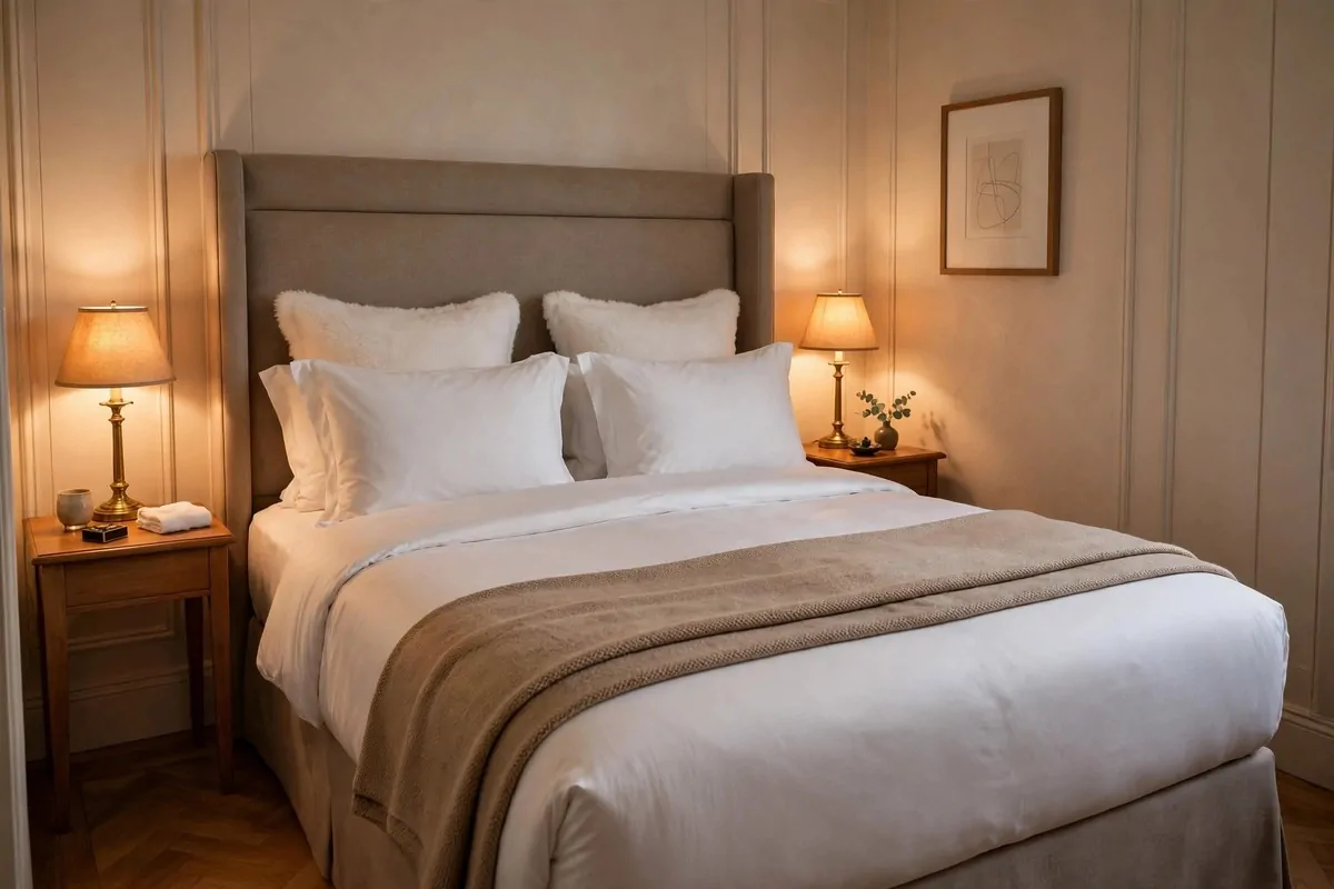25 Tiny Spaces That Look Like a Million Bucks 11 A small bedroom with a tall layered hotel-style bed, crisp white bedding and a folded throw