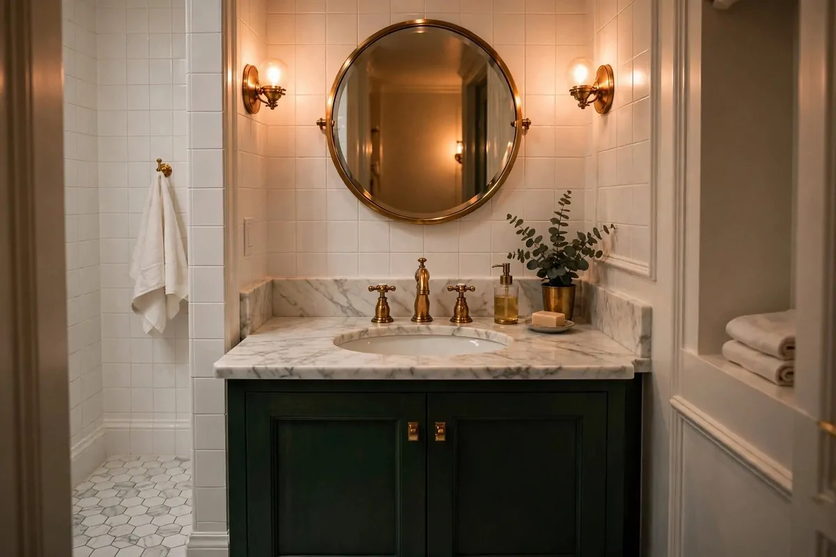 25 Tiny Spaces That Look Like a Million Bucks 12 A small elegant bathroom with brass faucets, a marble vanity top and a round mirror