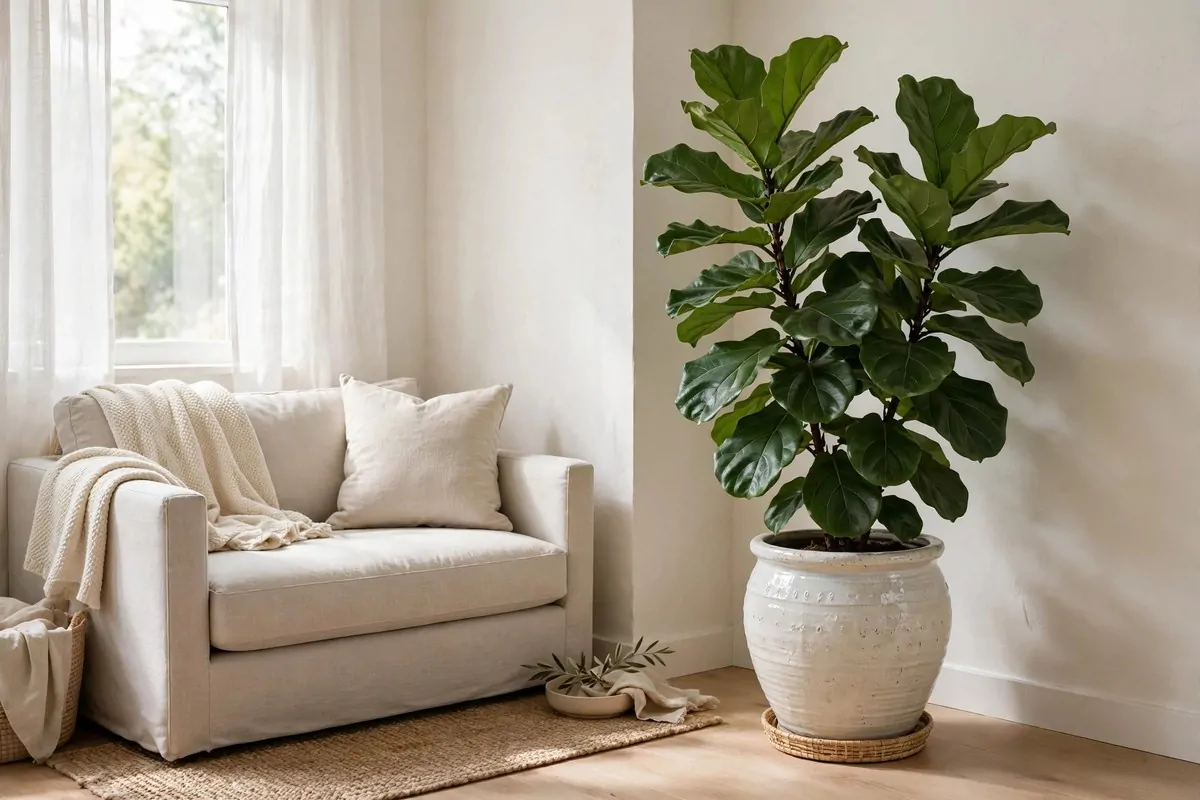 25 Tiny Spaces That Look Like a Million Bucks 13 A bright corner of a small living room with a large fiddle-leaf fig in a ceramic pot
