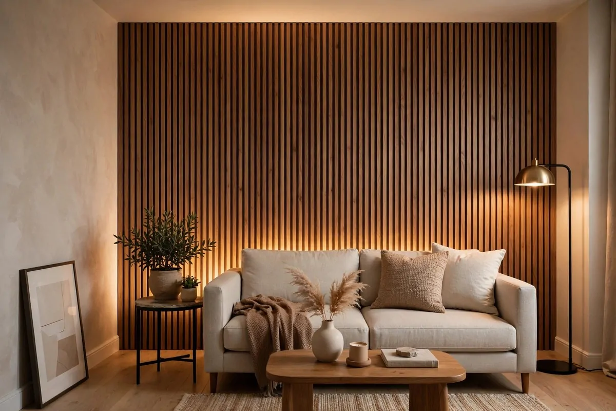 25 Tiny Spaces That Look Like a Million Bucks 14 A small living room with a vertical wood slat accent wall behind a sofa, with warm lighting