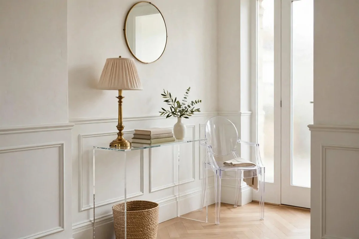 25 Tiny Spaces That Look Like a Million Bucks 15 A small entryway with a slim glass console table styled with a lamp, books and a small vase