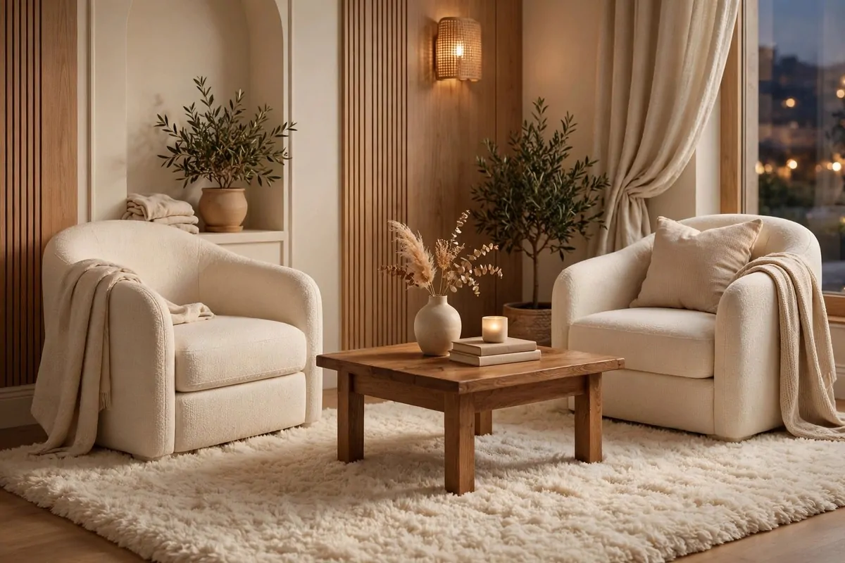 25 Tiny Spaces That Look Like a Million Bucks 16 A small seating nook anchored by a thick cream rug under two armchairs and a coffee table