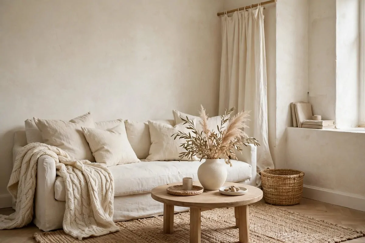 25 Tiny Spaces That Look Like a Million Bucks 17 An all-cream small living room with layered textures, linen cushions and a wool throw