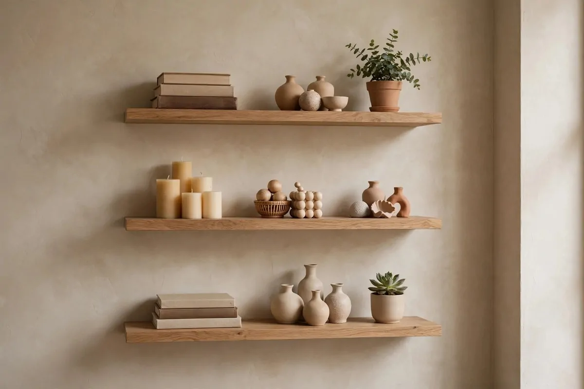 25 Tiny Spaces That Look Like a Million Bucks 18 Styled floating shelves on a small wall with books and objects arranged in small groups