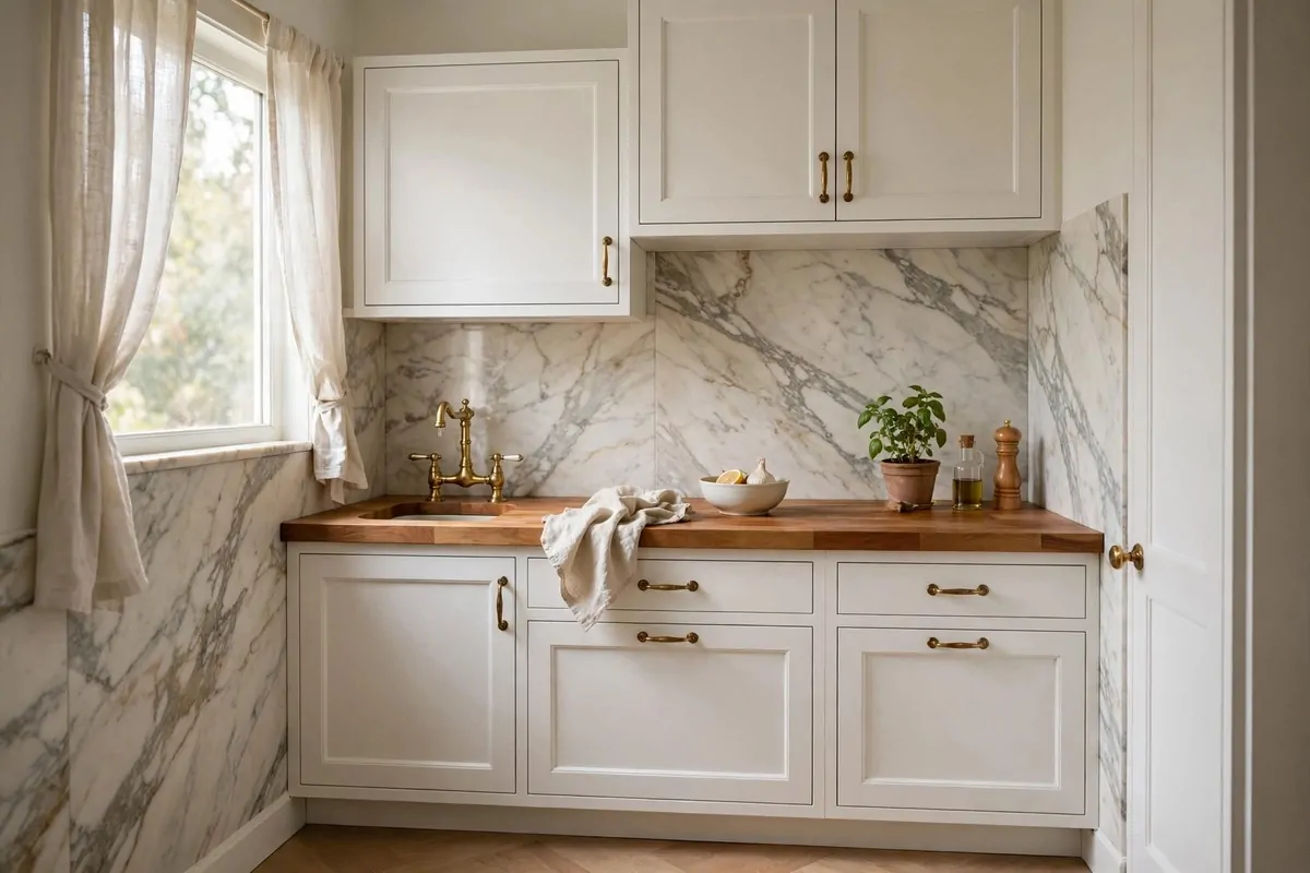 25 Tiny Spaces That Look Like a Million Bucks 19 A tiny kitchen with a veined marble backsplash, simple white cabinets and brass handles