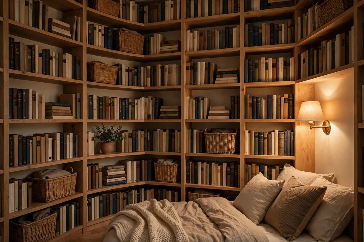 25 Tiny Spaces That Look Like a Million Bucks 20 A small bedroom wall with floor-to-ceiling bookshelves filled with neatly arranged books and baskets
