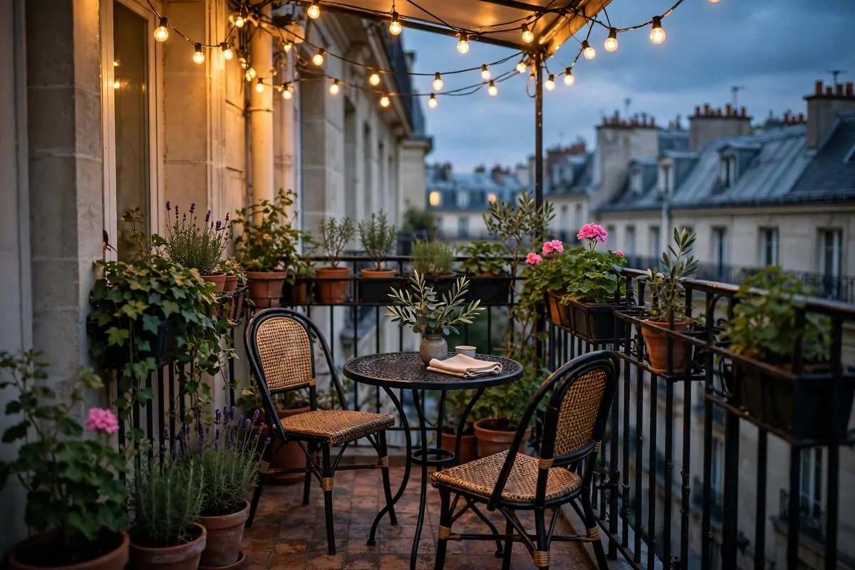 25 Tiny Spaces That Look Like a Million Bucks 21 A tiny balcony styled like a cafe with a small bistro table, two chairs, potted plants and string lights