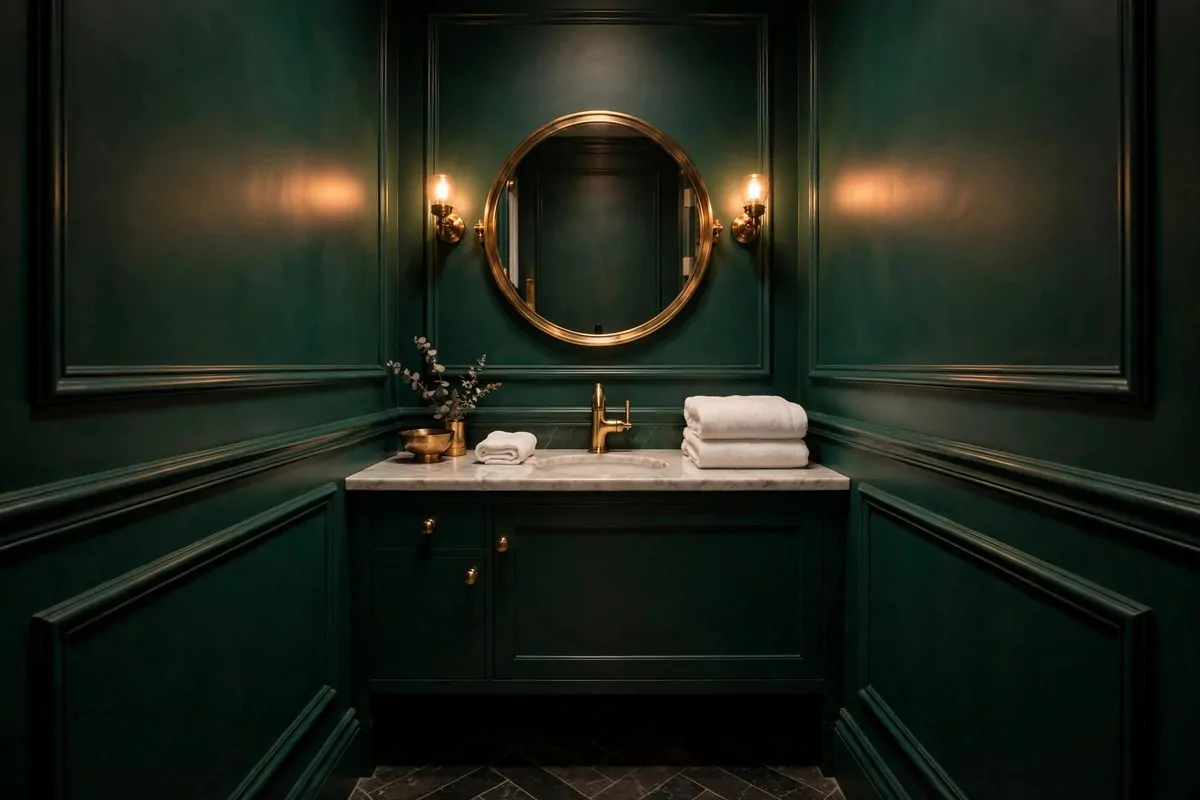 25 Tiny Spaces That Look Like a Million Bucks 22 A small powder room with deep green walls, a brass mirror and warm lighting