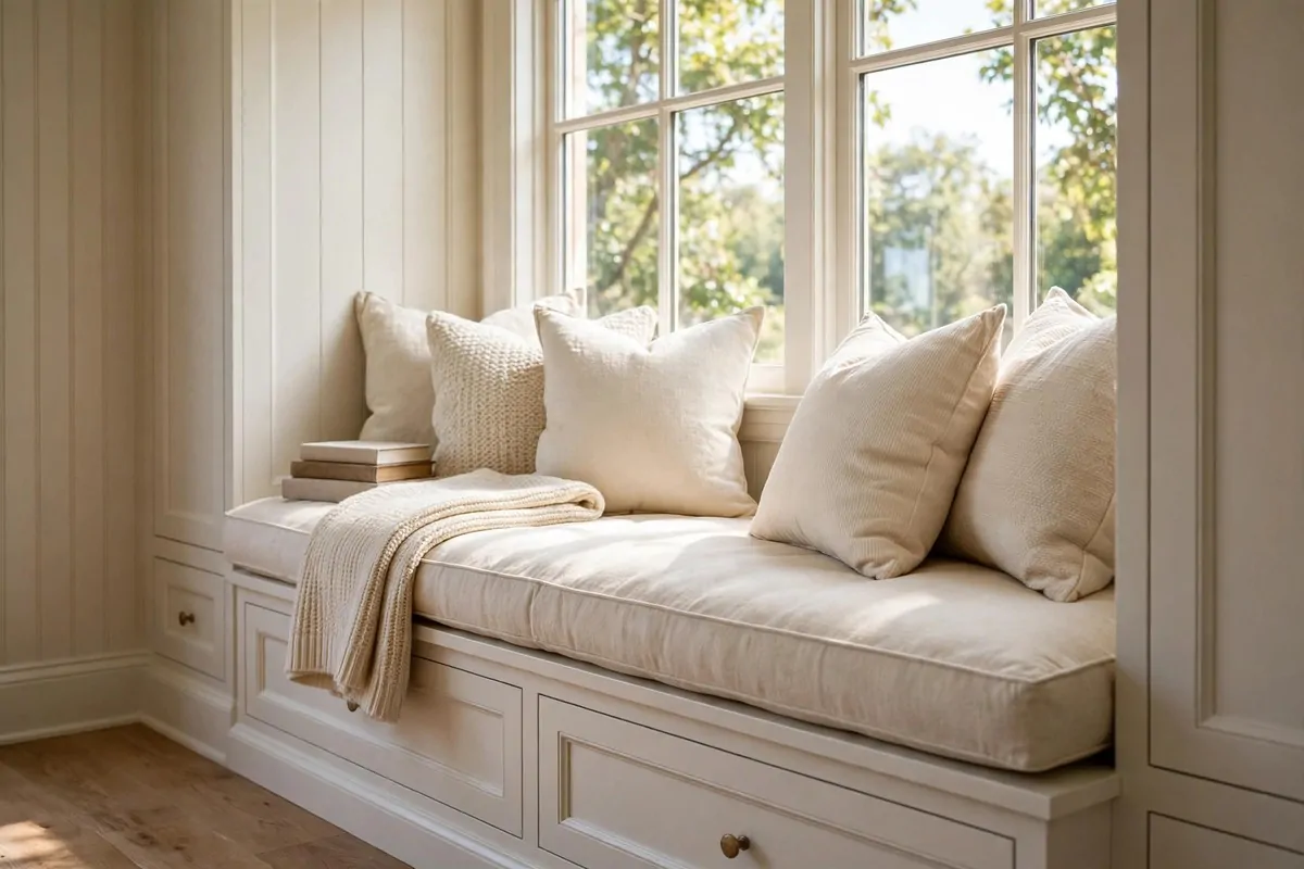 25 Tiny Spaces That Look Like a Million Bucks 23 A built-in window seat with a thick cushion, layered pillows and a folded throw by a bright window