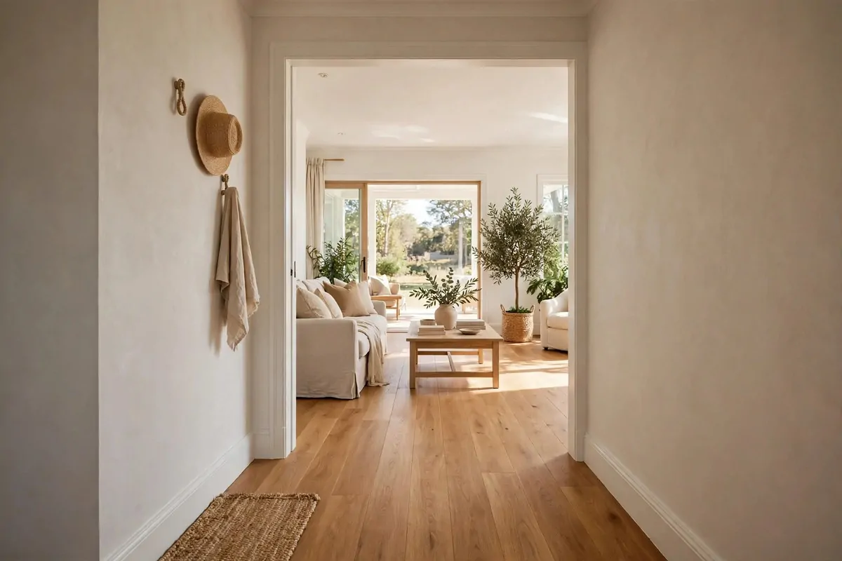 25 Tiny Spaces That Look Like a Million Bucks 24 A small hallway view with the same wood flooring flowing into a bright living room