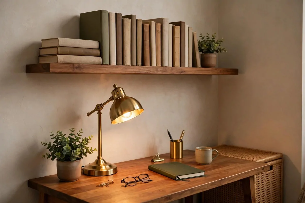 25 Tiny Spaces That Look Like a Million Bucks 25 A compact home office corner with a wooden desk, brass desk lamp and neatly styled shelves