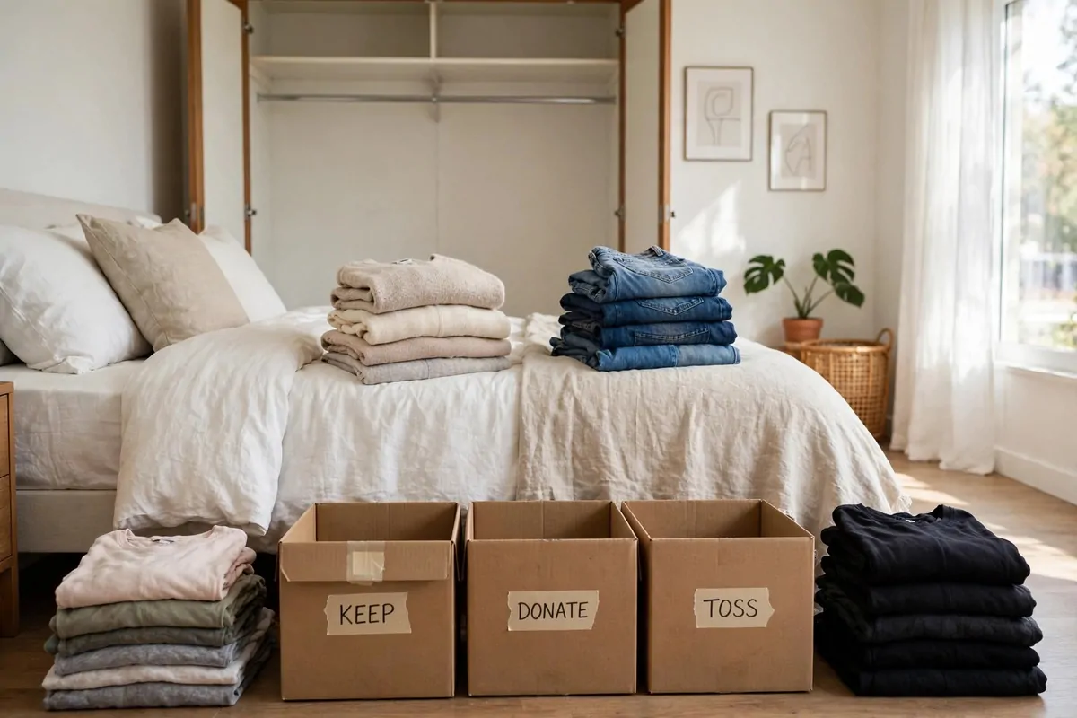 26 Closet Organization Ideas That Make Mornings So Much Easier 1 Walk-in closet cleared out with three donation boxes and sorting piles of clothes