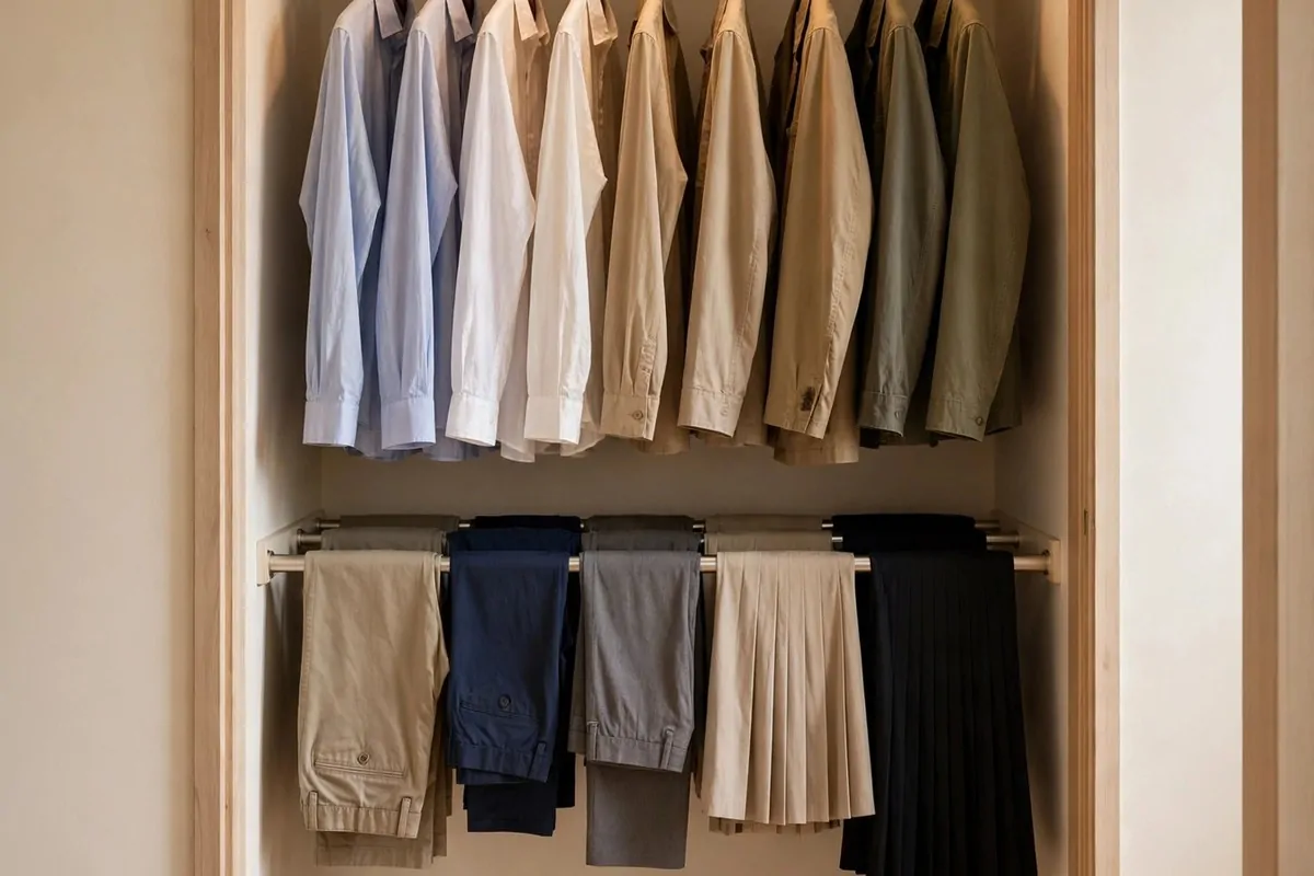 26 Closet Organization Ideas That Make Mornings So Much Easier 3 Closet with two hanging rods at different heights doubling shirt and pants storage