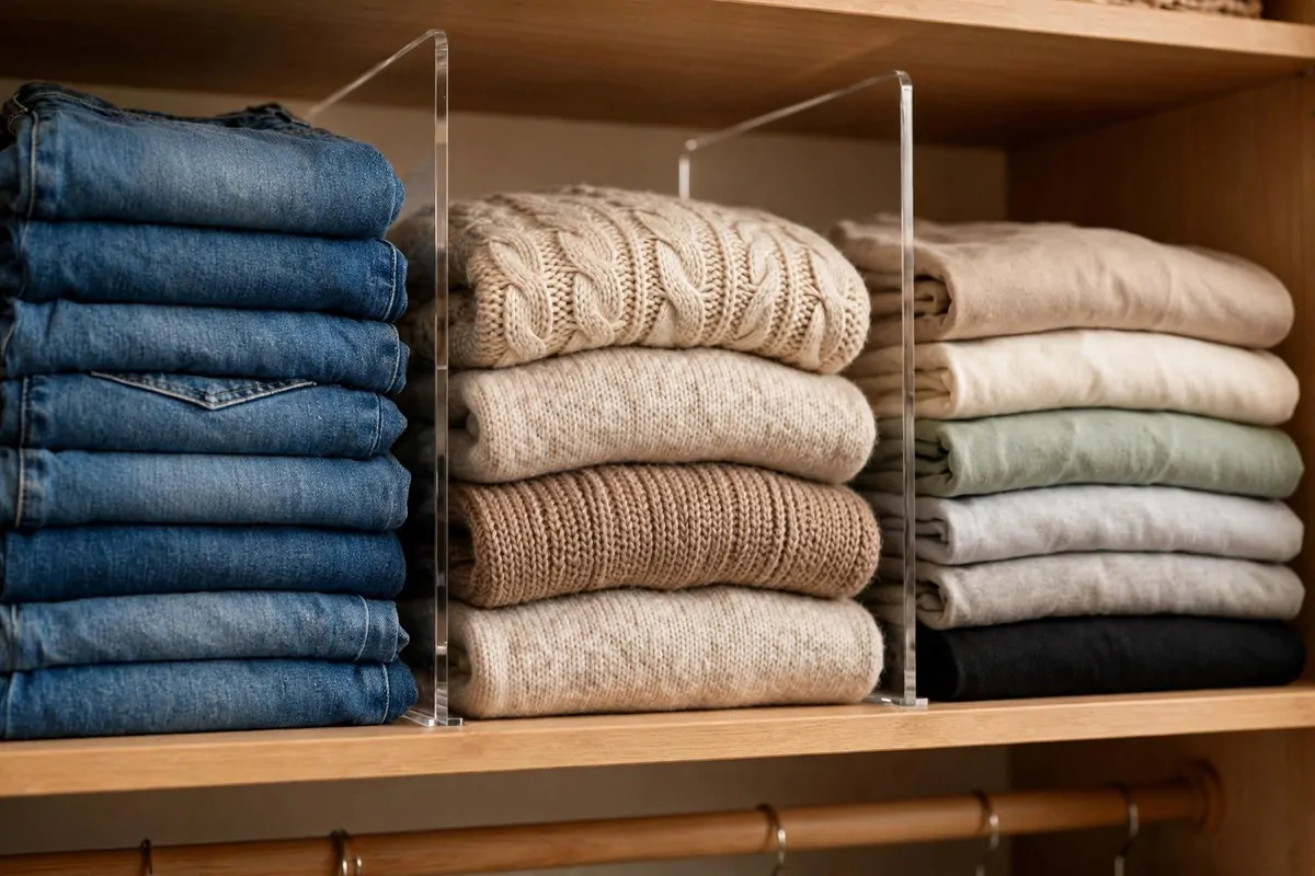 26 Closet Organization Ideas That Make Mornings So Much Easier 6 Clear acrylic shelf dividers keeping folded jeans and sweaters in tidy upright stacks