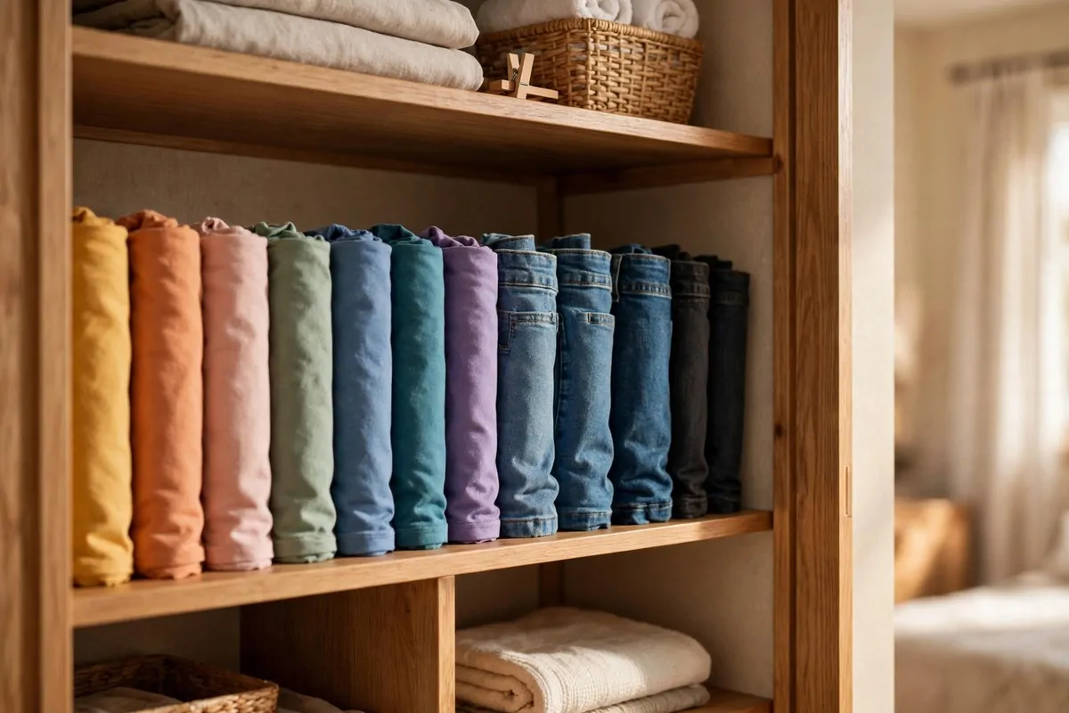 26 Closet Organization Ideas That Make Mornings So Much Easier 7 Open closet shelf with tightly rolled t-shirts and jeans stored side by side like files