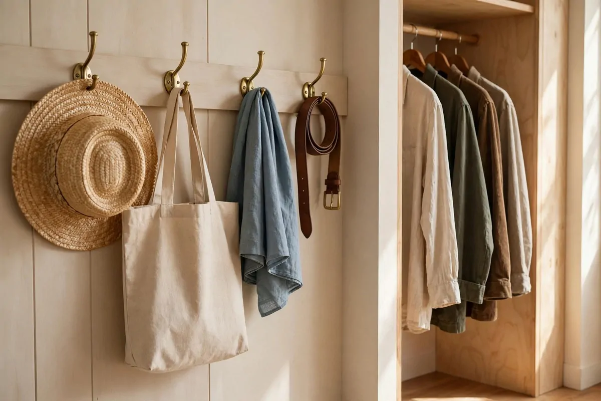 26 Closet Organization Ideas That Make Mornings So Much Easier 8 Closet side wall with brass hooks holding hats, a tote bag, scarves and a belt