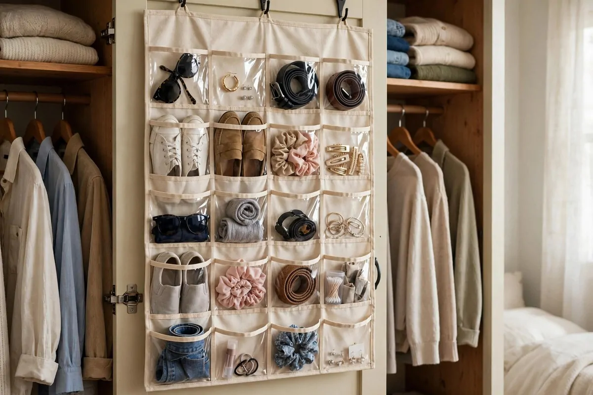 26 Closet Organization Ideas That Make Mornings So Much Easier 9 Inside of a closet door with an over-the-door rack holding shoes and small fabric bins
