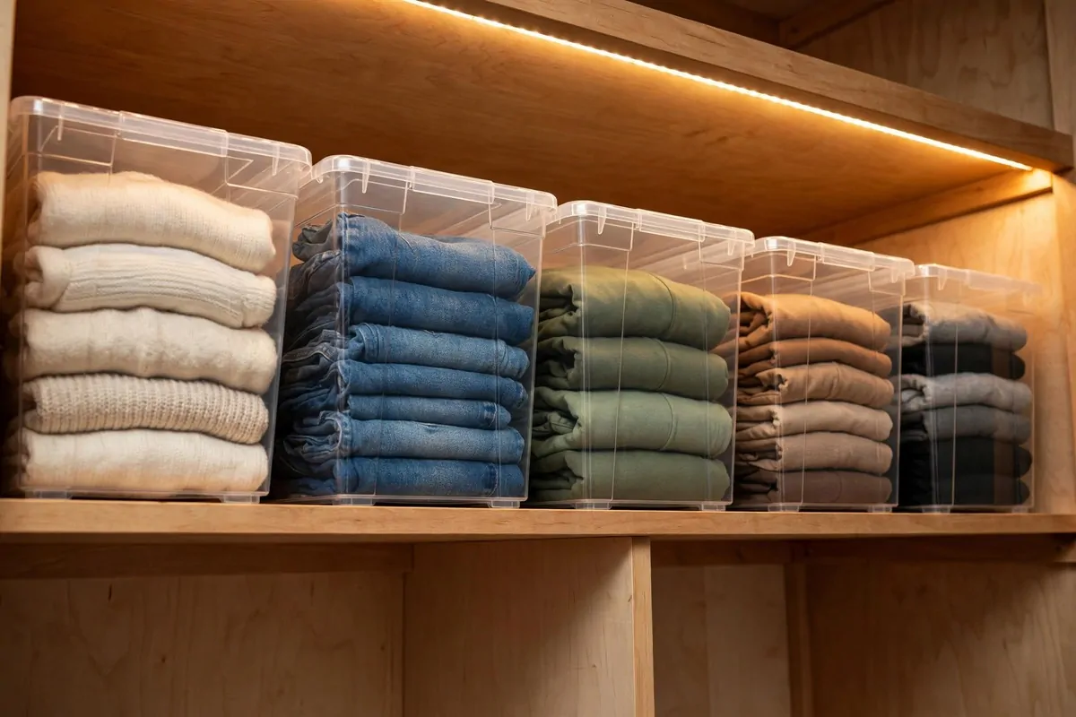 26 Closet Organization Ideas That Make Mornings So Much Easier 10 High closet shelf lined with clear stackable bins showing folded clothes inside each