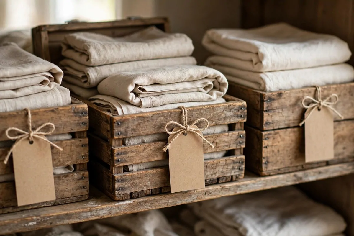 26 Closet Organization Ideas That Make Mornings So Much Easier 11 Wooden storage boxes on a closet shelf with handwritten kraft paper labels