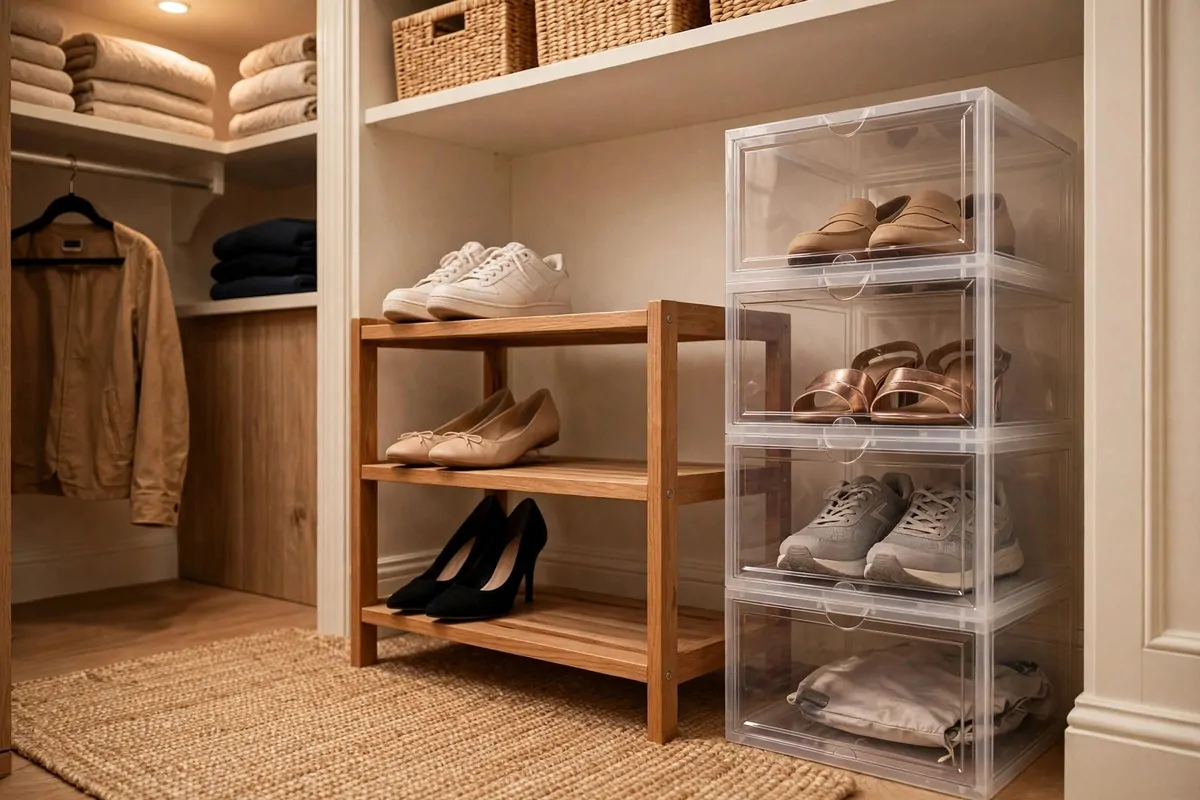 26 Closet Organization Ideas That Make Mornings So Much Easier 12 Closet floor with a tiered shoe rack and clear drop-front shoe boxes stacked neatly