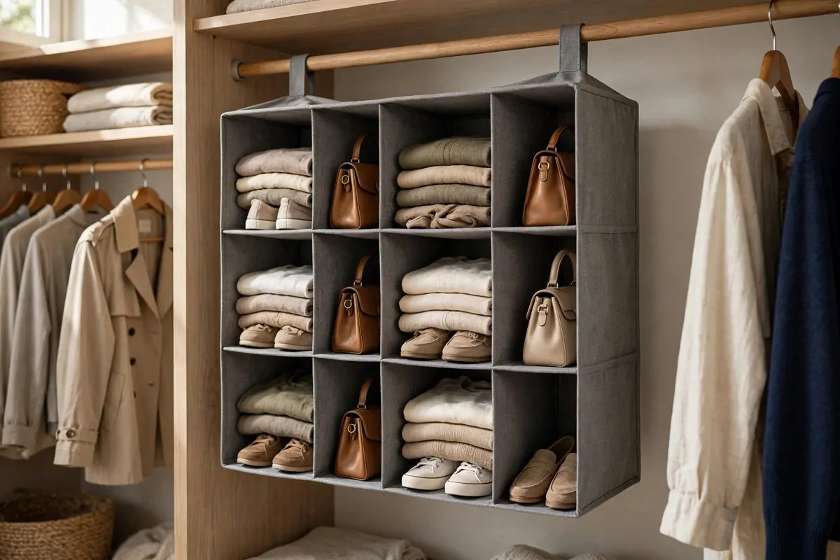 26 Closet Organization Ideas That Make Mornings So Much Easier 13 Fabric hanging sweater organizer with six cubbies holding folded tops and handbags on a rod