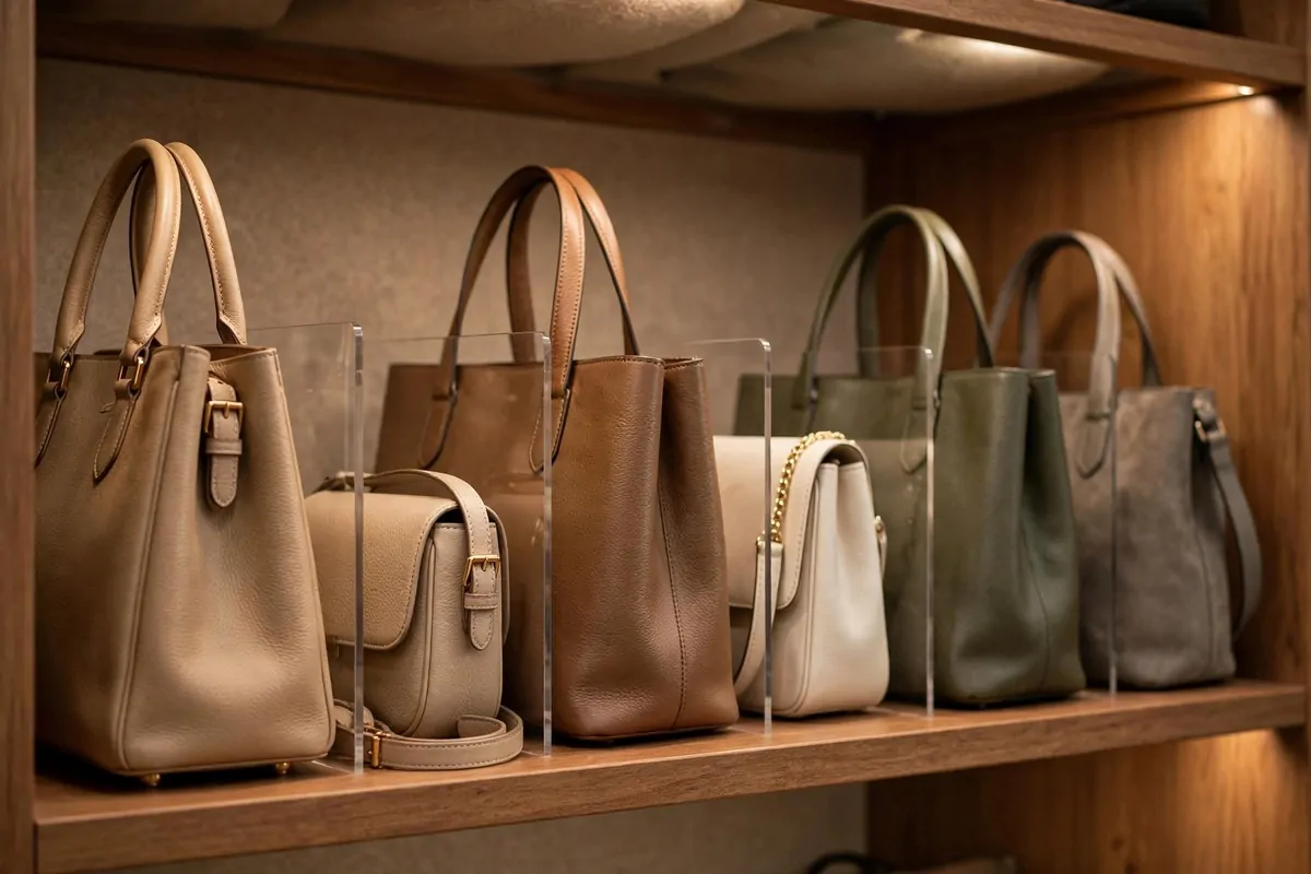 26 Closet Organization Ideas That Make Mornings So Much Easier 14 Row of handbags standing upright on a closet shelf with small shelf dividers between them