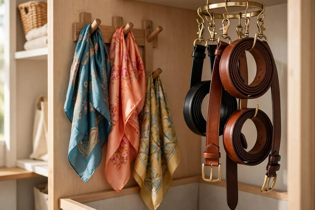 26 Closet Organization Ideas That Make Mornings So Much Easier 15 Closet corner with coiled belts on a belt hanger and colorful scarves on wooden hooks