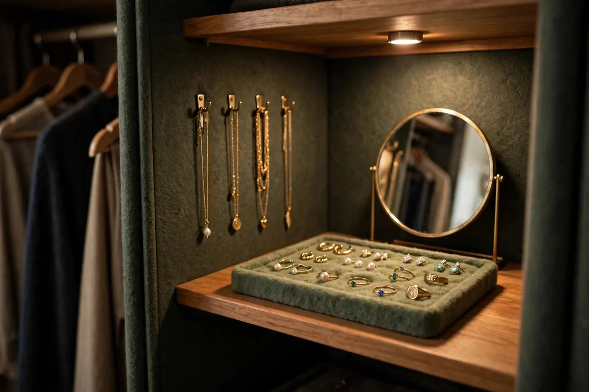 26 Closet Organization Ideas That Make Mornings So Much Easier 16 Small closet jewelry station with a felt tray, wall hooks for necklaces and a little mirror