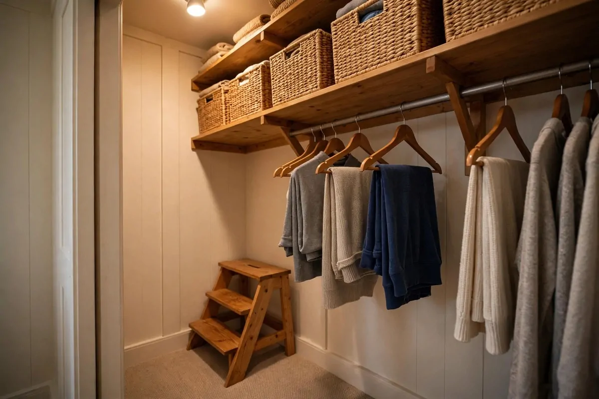 26 Closet Organization Ideas That Make Mornings So Much Easier 18 Small wooden step stool tucked inside a closet beneath high storage shelves